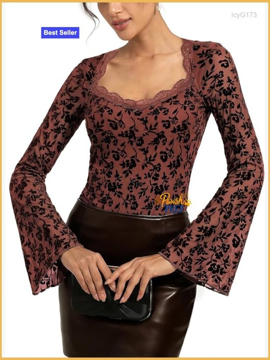 Tops - Mesh Long Bell Sleeve Top, Lace Floral Square Neck, Slim Fit